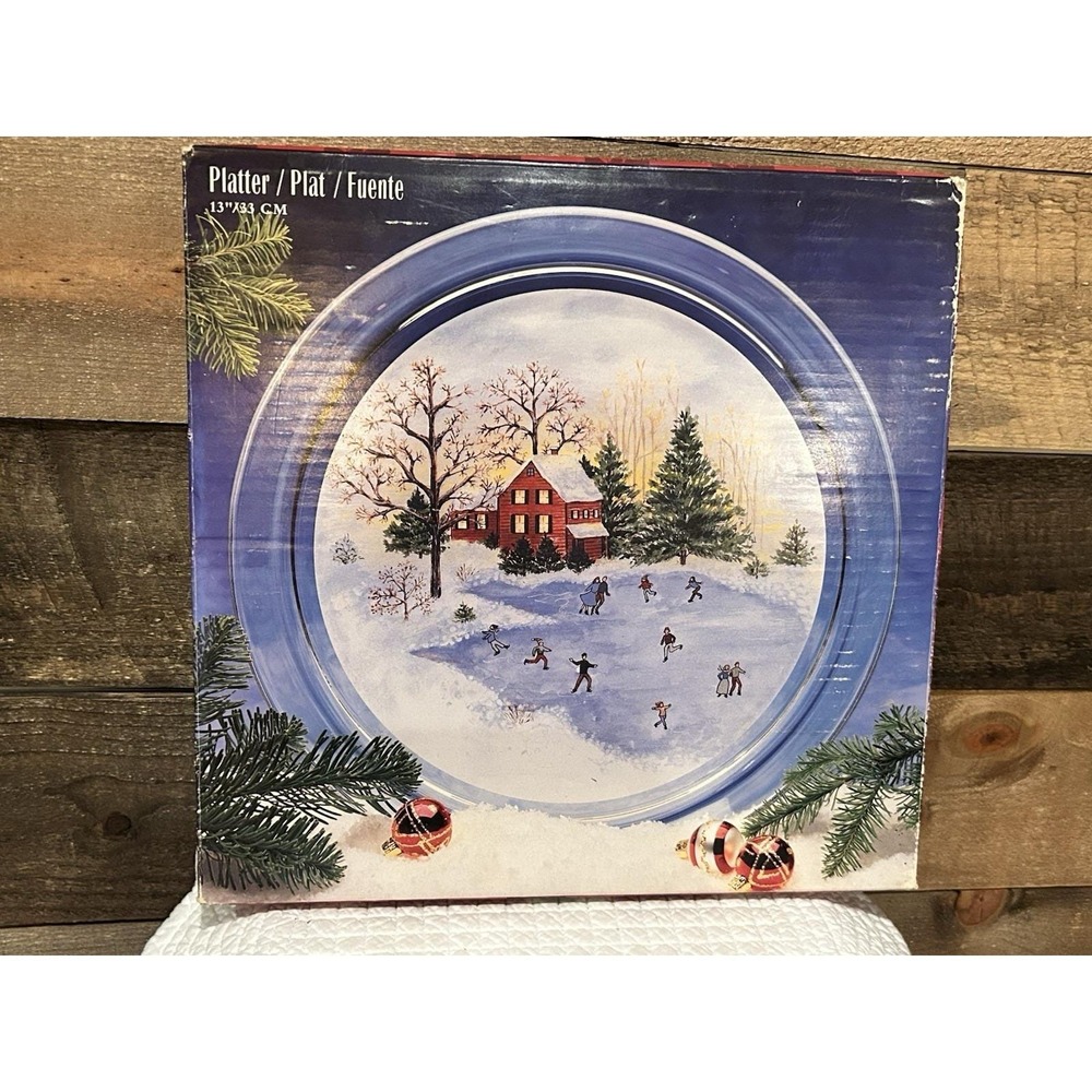 Vintage Indiana Glass Lancaster 13 clear glass winter scene skating kids on pond
